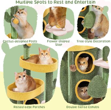 Дерево-кіготь для котів Yaheetech Kaktus, 123 см, оазис-тема, зелено-жовтий, для 2-3 котів, з 2 платформами та 2 печерами