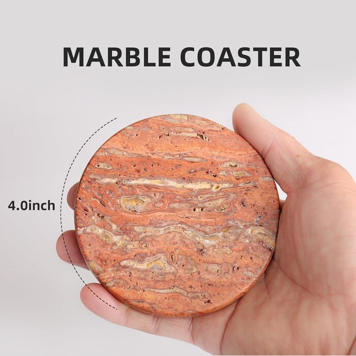 HAMAKAWA Genuine Natural Marble Coasters, Set of 4, Red Stone Coasters Φ10cm, Modern Round Travertine Drink Coasters for Home Decoration, Coffee Table, Office