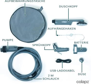 Colapz Rechargeable Camping Shower with Battery, Portable Outdoor Shower for Dogs, Car, Van & RV, including Carry Bag, Campervan Gadgets