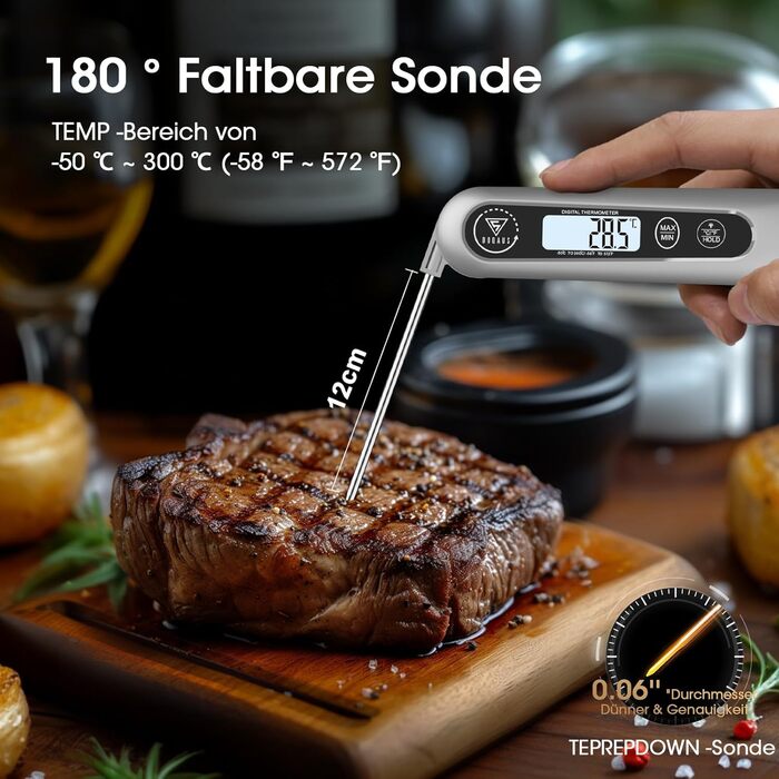 Цифровий кухонний термометр DOQAUS для м'яса, приготування їжі, випікання та гриля, швидка реакція 3s, LCD дисплей, автоматичне вмикання/вимикання (сріблястий/чорний)