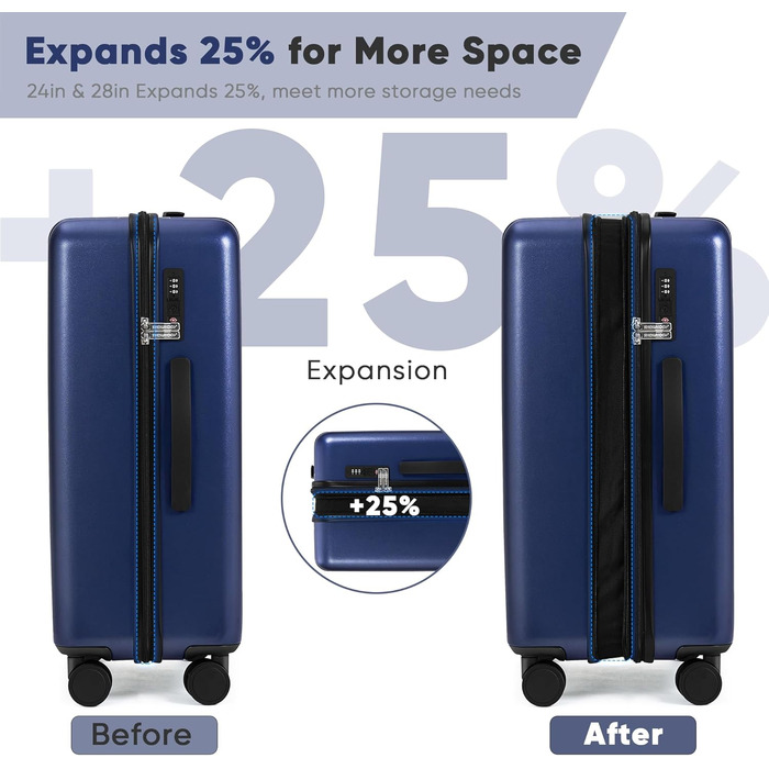 Набір валіз SHOWKOO 2 шт. з жорстким корпусом 65см+75см, розширюваний, ультралегкий, полікарбонат, з TSA замком та 4 колесами (L+XL) - Темно-синій