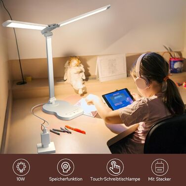 LED лампа настільна з двома руками, 5 кольорів та 10 рівнів яскравості, таймер вимкнення на 45 хвилин, сенсорне керування, для навчання (біла)