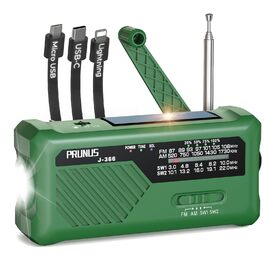 Радіо PRUNUS J-366 FM/AM/SW з ручним заводом, акумулятором 2000mAh та функцією зарядки телефону - аварійне радіо з ліхтариком, SOS сигналом, для подорожів, чорне/зелене