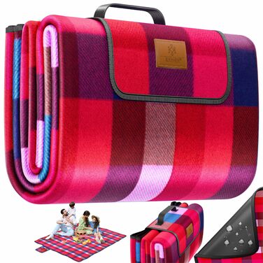 Плед для пікніка KESSER XXL 200x200 см, водонепроникний, з ручкою, червоно-бірюзовий. Плед для кемпінгу, пляжу на 4-6 осіб