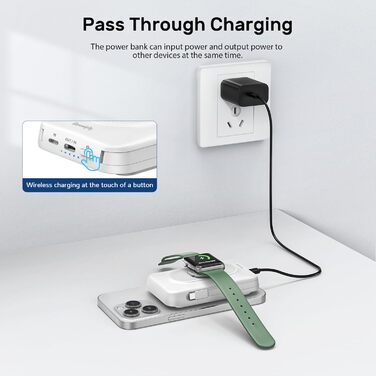 Power Bank 5-в-1 з 2 кабелями, 10000 mAh, магнітна бездротова батарея з кріпленням та підставкою, швидка зарядка, зовнішній акумулятор для iPhone 16/15/14/13, iWatch, подорожі, кемпінг, на вулицю