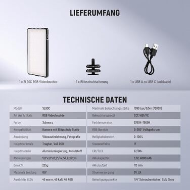 NEEWER SL90C RGB LED панель для відеозйомки, 8W, 2700K–7500K, портативна, з регулюванням кольору, CRI 97, 4000mAh, металева, для DSLR, стримінгу, SL90C