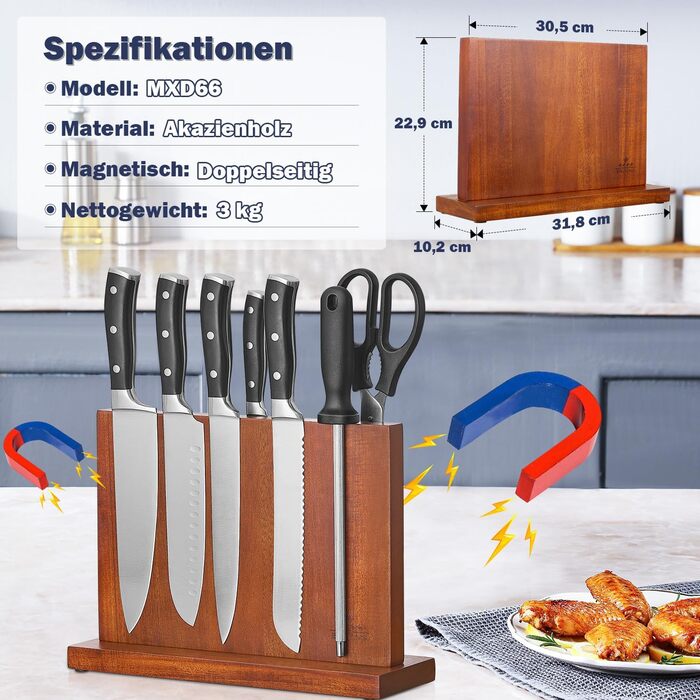 ENOKING Knife Block without Knives, Magnetic, Universal Magnetic Knife Holder, Natural Acacia Wood Knife Holder with Strong Magnets for Cutlery Display and Storage.