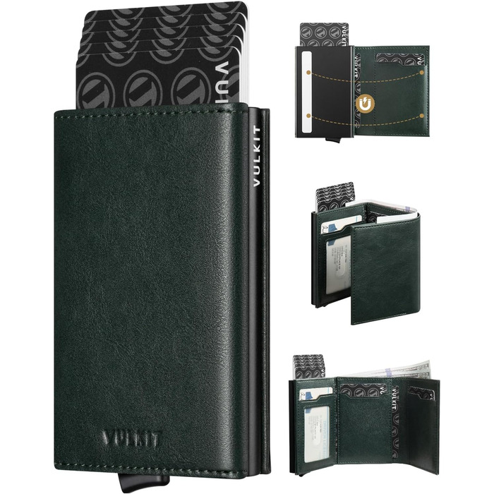 Кредитне портмоне для чоловіків VULKIT, Pop-up, RFID-захист, шкіряне з кишенями для грошей та ID-картки (зелене)