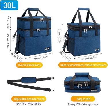 Термосумка Viedouce 30L: ізольована сумка-холодильник для пікніків, кемпінгу та подорожей (блакитна)