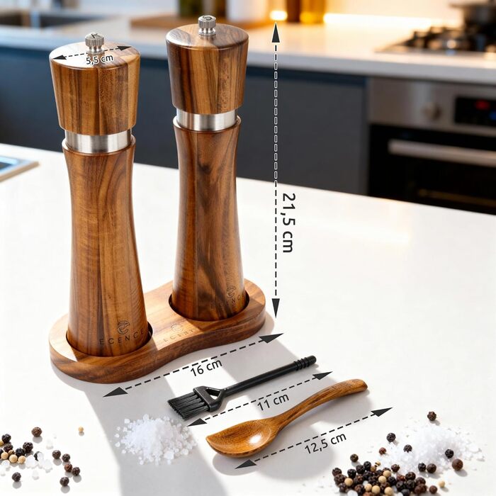 Набір з 2 мельниць для солі та перцю Ecence Holz з акації з керамічним механізмом, пензлик та підставки в комплекті