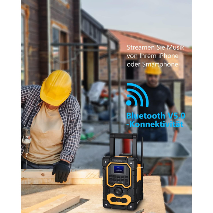 Радіо для будівельного майданчика DAB+ FM з Bluetooth 5.0, 16W стерео, акумулятор 8000mAh (18h), USB зарядка, Aux, вологозахист, пилозахист (жовто-чорне)