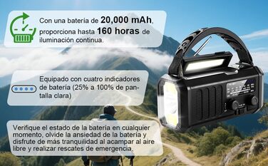 Радіостанція на сонячній батареї з живленням від ручки, 20000 mAh, SOS-сигнал, FM/AM, ліхтарик, компас, для кемпінгу та надзвичайних ситуацій (Чорний)