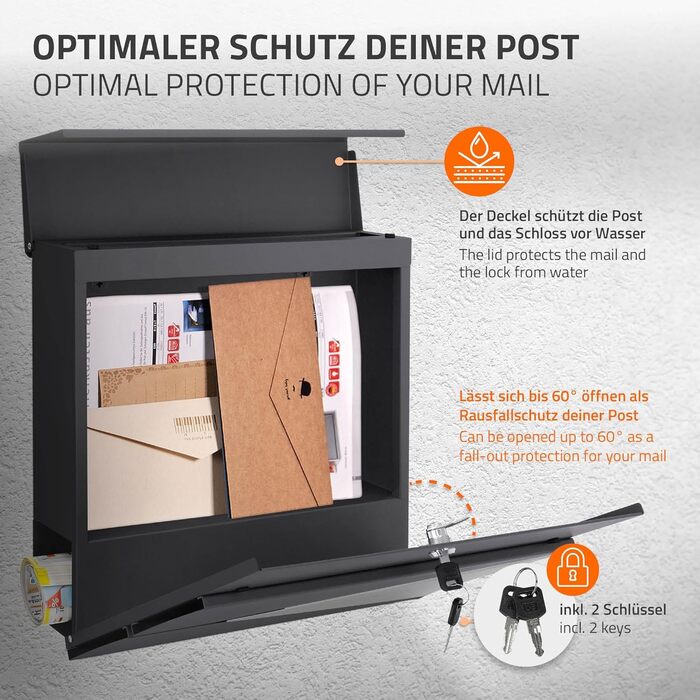 Поштовий ящик ML-Design Anthrazit/Silver, нержавіюча сталь з порошковим покриттям, 37x37 см, з газетницею, замок (2 ключі), настінний дизайнерський поштовий ящик