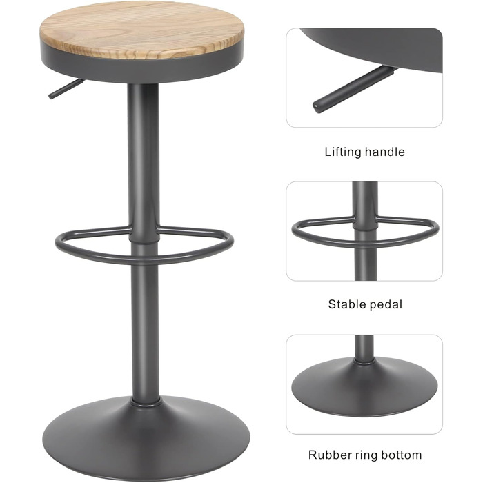 Kidol Adjustable Height Wooden Bar Stool with 360° Swivel - Industrial Modern Design for Kitchen Counter (Grey Wood)