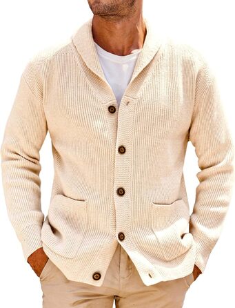Чоловічий в'язаний кардиган Runcati з коміром-шарфом, рельєфним візерунком, ґудзиками, для зими, великий, з кишенями (M, Бежевий)