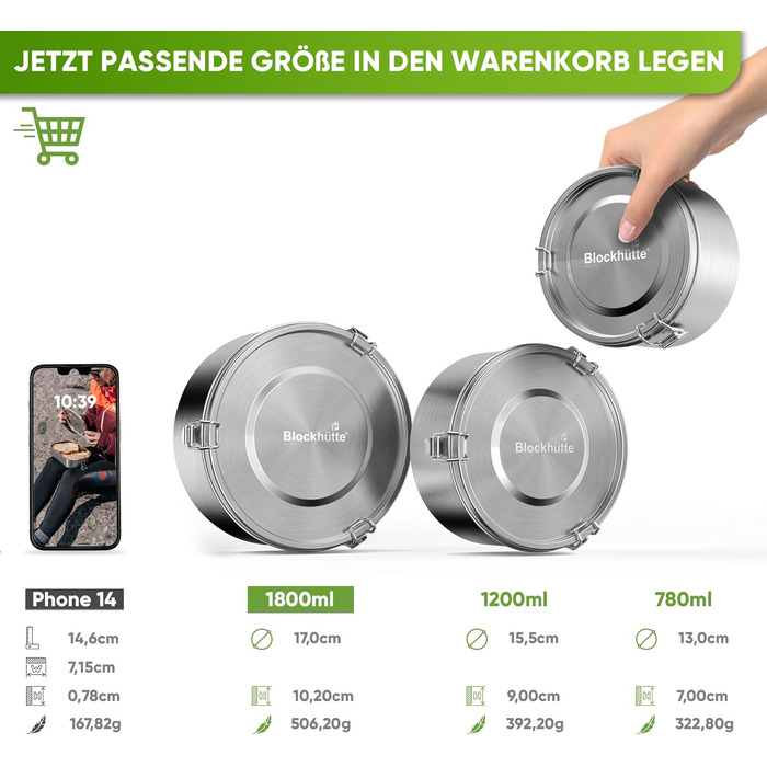 Premium Blockhut Jausenbox Stainless Steel Round I 1800ml I with Spoon 2x Seal Set I Leak-proof Stainless Steel Lunchbox for Adults I Stainless Steel Storage Containers Freezer-safe I Brotzeitbox (German for snack box) Stainless Steel