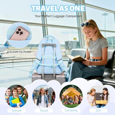 Шкільний рюкзак для дівчаток-підлітків з помпоном, тролейова петля та світловідбивачі. Великий рюкзак для школи та подорожей (блакитний).