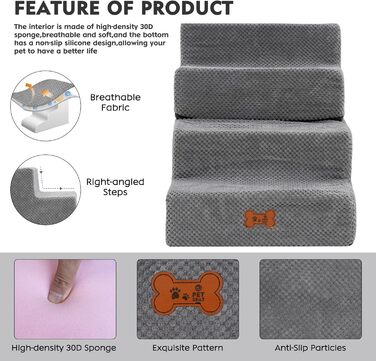 Сходинки для собак маленьких порід, 4 сходинки, 44 см, знімні, миючіся, з м'якого пінополіуретану, антиковзні, для ліжка/дивану/автомобіля