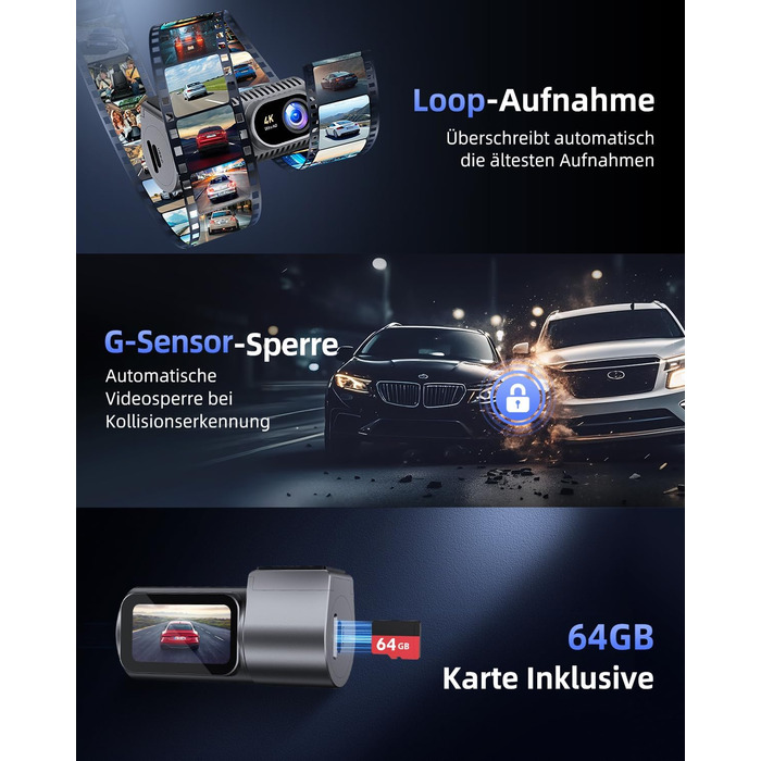 Dashcam CIEVIE C200: 4K, IPS 1.5', WiFi 5G, 64GB, 360° обертання, WDR, Нічне бачення, Паркування 24/7, G-сенсор, Loop, 170°