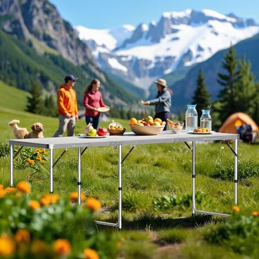 Складаний туристичний стіл 180x60x70 см з регулюванням висоти, алюмінієвий каркас, стільниця МДФ, багатофункціональний, для кемпінгу, саду, дачі