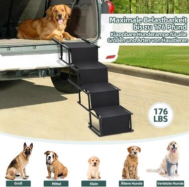 Folding Dog Ramp for Cars - 4 Step Pet Staircase, Up to 80kg, Black - Gentle on Joints