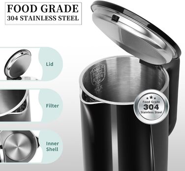 Електричний чайник Aigostar 1.7л, чорний матовий, нержавіюча сталь, 2200W, з подвійними стінками, автоматичне відключення, BPA Free, для кухні та офісу