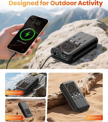 Power Bank Bilivein 25000mAh з сонячною зарядкою, 3 кабелі, 20W, LED, USB-C, для активного відпочинку