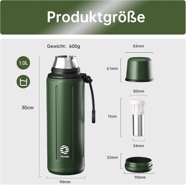 Термос Healter Thermoskanne 1л з чашкою (72 години холод & 24 години гаряче) - термофляга для кави, чаю, офісу, школи (зелений)