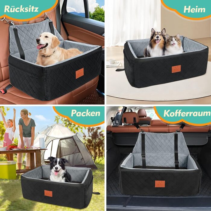 Автомобільний сидіння для собак великих та середніх порід, до 25 кг, з товстим килимком та 2 страхувальними ременями (Чорний+Сірий)