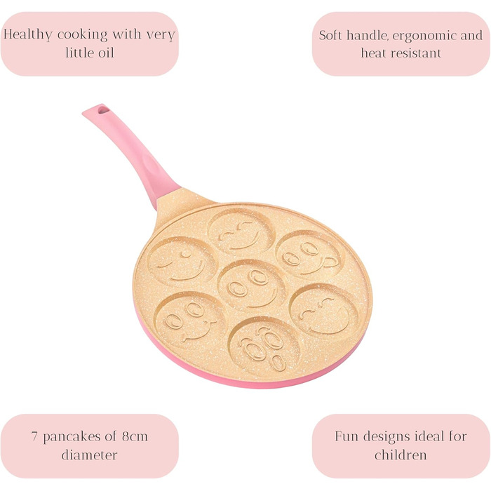 Сковорода для млинців Erreke з антипригарним покриттям, рожева, для індукційних плит, 7 смайликів