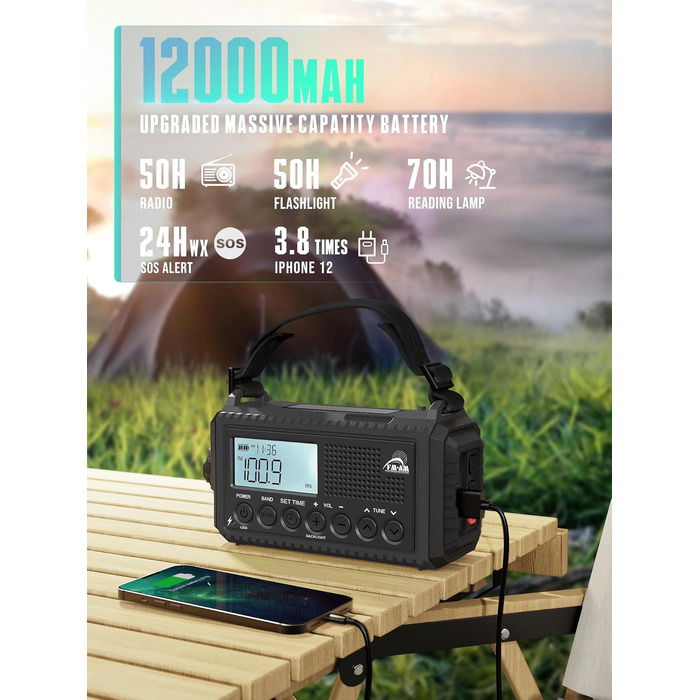 Радіо на механічній ручці з сонячною панеллю та Powerbank 12000mAh | FM/AM/SW радіо для екстрених ситуацій, зарядка USB-C, SOS-сигнал, ліхтарик та лампа для читання | Водонепроникне, портативне радіо для кемпінгу, туризму, чорне