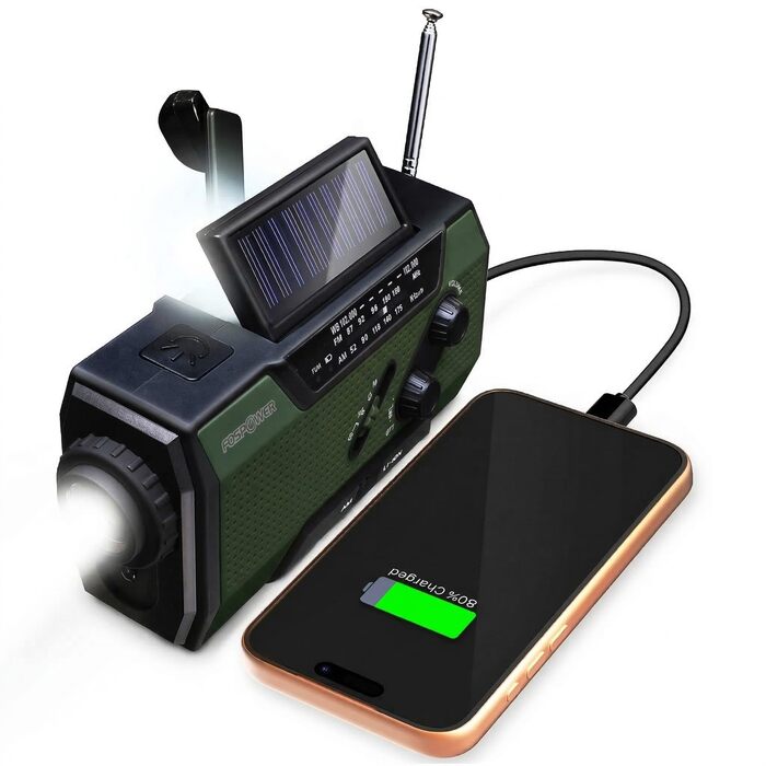 Радіоприймач FosPower NOAA/AM/FM з Power Bank 19240 мАг (5200 мАг) - сонячна/USB зарядка, ручний генератор, SOS-сигнал, ліхтарик, помаранчевий (Модель A1)