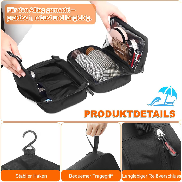 Чоловіча та жіноча косметичка для подорожей з відділеннями, водонепроникна, з гачком, зелена (чорна)