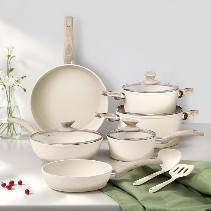 Набір посуду для індукції DishDelight, 12 предметів, гранітне антипригарне покриття, бежевий колір. Каструлі та сковороди з кришками.