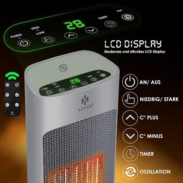 KESSER® Heater with Remote Control - Energy-Saving, Quiet, 2000W Ceramic Heater, Standing Heater, 15-30°C - Quick Heater with 80° Oscillation Function, 24h Timer, Tower Heater, Black