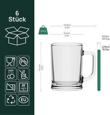 Набір пивних кухлів TREND FOR HOME 0,5л (6 шт) скляні з ручкою, прозорі Ulf