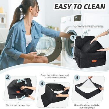 Washable Dog Car Seat for Small to Medium Dogs with Leash & Storage Pockets - Thickened Elevated Dog Bed for Back or Front Seat - Black