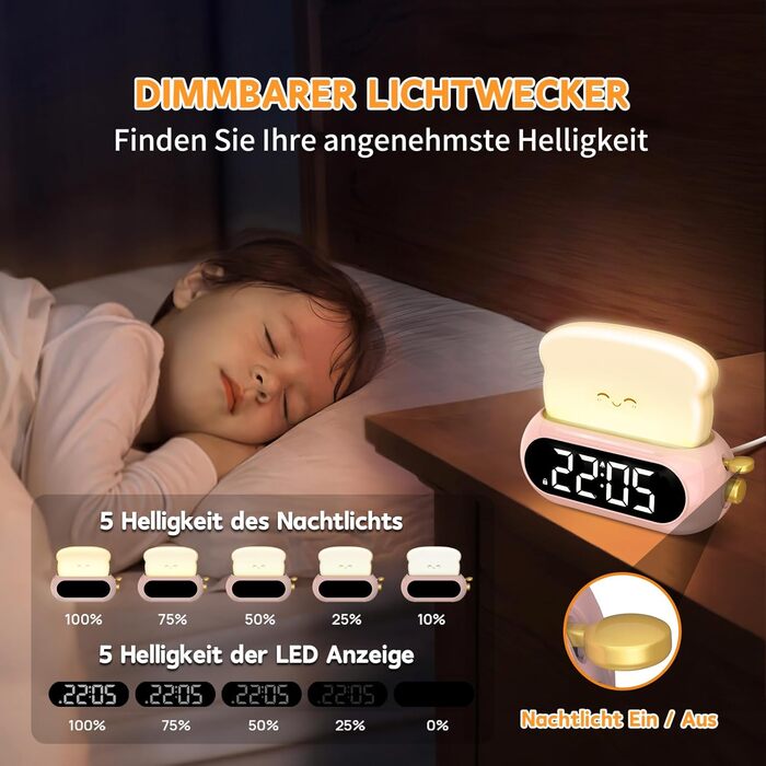 Kids Alarm Digital Clock, Children's Alarm Clock with Night Light, LED Display, 10 Ring Tones, 5 Brightness Levels, Timer, Snooze Function, Light Alarm Clock for School Beginners Girls Boys, Plug-in Power Adapter
