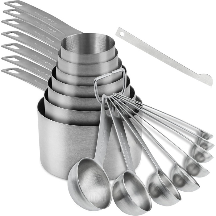 Measuring Cup and Spoon Set - 18 Piece, 18/8 (304) Stainless Steel, Robust Material - 7 Measuring Cups, 8 Measuring Spoons, 1 Leveler, 2 Rings