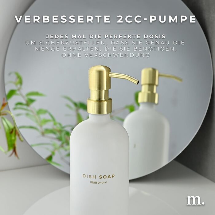 MaisoNovo Soap Dispenser Set - Soap Dispenser Kitchen - 500 ml Amber Bottles, Black Pumps, Glass Pumps, Soap Dispenser Set, 2-Piece Set and Concrete Tray - Dish Soap Dispenser Kitchen (White Glass / Gold Pump + Rectangular Tray)