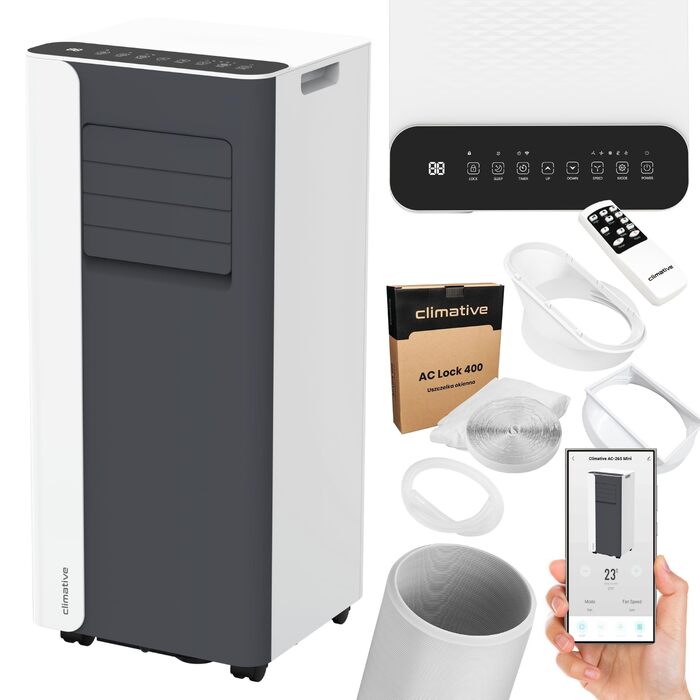 Мобільний кондиціонер 9000 BTU WiFi Tuya Smart, 2.6 кВт, 26 м², 3-в-1, з випускним шлангом, міні, комплект з ущільнювачем для вікна