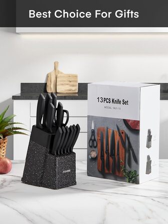 FOHERE 13-Piece Stainless Steel Knife Set with Block & Sharpener - Ergonomic Black Granite Handles