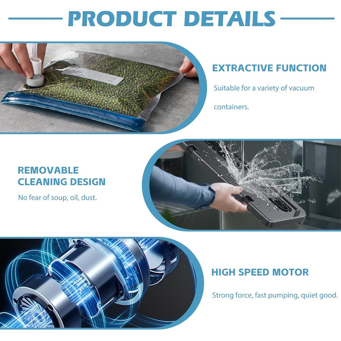 Вакуумний пакувальник харчових продуктів 5-в-1 з 10 пакетами 20x30 см, 65Kpa, знімний прилад для запаювання фольги, LED-дисплей та різак для сухих та вологих продуктів (сірий)