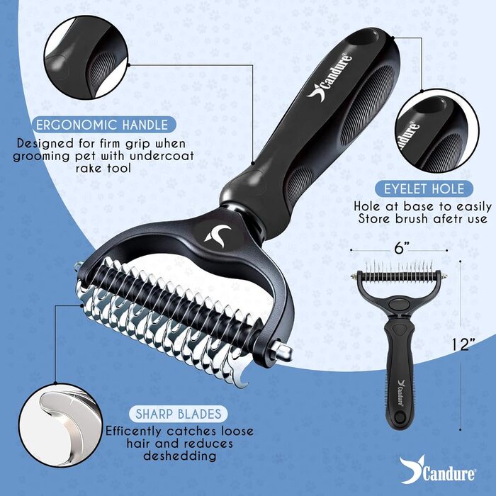 Професійна щітка Candure для собак та котів з довгим волоссям, гребінець для грумінгу, 17+9 зубців, видаляє ковтуни та шерсть (Блакитний/Чорний)