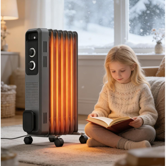 Масляний радіатор COWSAR: Енергоефективний обігрівач з 3 режимами, захистом від перекидання та перегріву, 1200W, сірий для вітальні та спальні