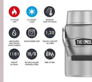 Thermos STAINLESS KING FOOD JAR 1.2l, steel. Stainless steel food container with inserts and handle, 12 hours hot / 24 hours cold, for noodles, soup, muesli. Large food container 1.2 l with handle and versatile inserts.