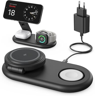 Зарядна станція 3-в-1 для Apple Watch та iPhone з MagSafe, сумісна з iPhone 17, 16, 15, 14, 13, 12, AirPods Pro (білий/чорний)