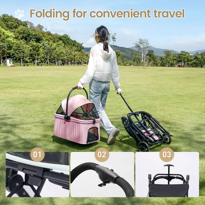 Візок для собак 2-в-1 з віднімним кошиком, складний візок для цуценят для собак та котів, 4 колеса з кишенькою для зберігання, візок для тварин з поворотними на 360° передніми колесами для подорожей на відкритому повітрі (Рожевий)