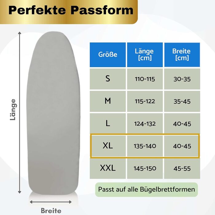 Чохол для прасувальної дошки 120x40 см - бавовна 100%, для прасування з парою, XL, сірий