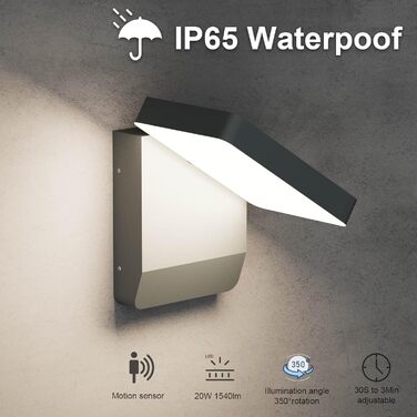 Зовнішнє LED-світильник K-Bright з датчиком руху, вологозахист IP65, для балкона та саду, темно-сірий